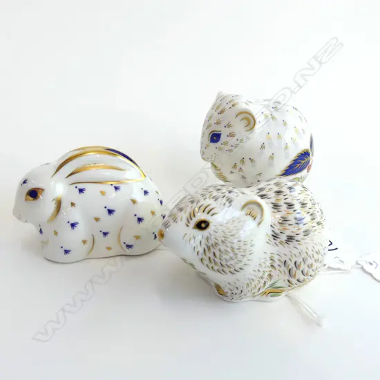 Three Royal Crown Derby pieces:  Riverbank Vole, Baby Rabbit and Red Doormouse